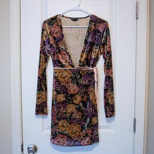 Whimsigoth Velvet Mini Dress Deep V Wrap Waist Floral Bodycon 6 | Dark Autumn